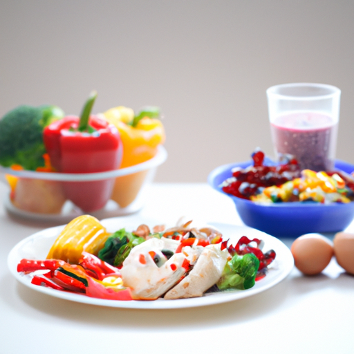 ארוחה מאוזנת המורכבת מפירות צבעוניים, ירקות ומקורות חלבון.