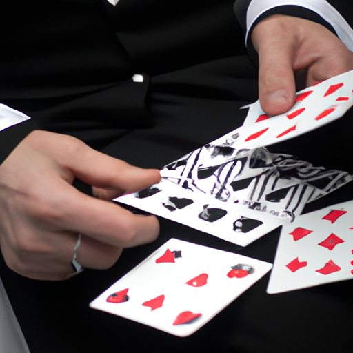 3. צילום תקריב של ידיו של קוסם, תוך מניפולציה זריזה של חפיסת קלפים כהכנה לטריק